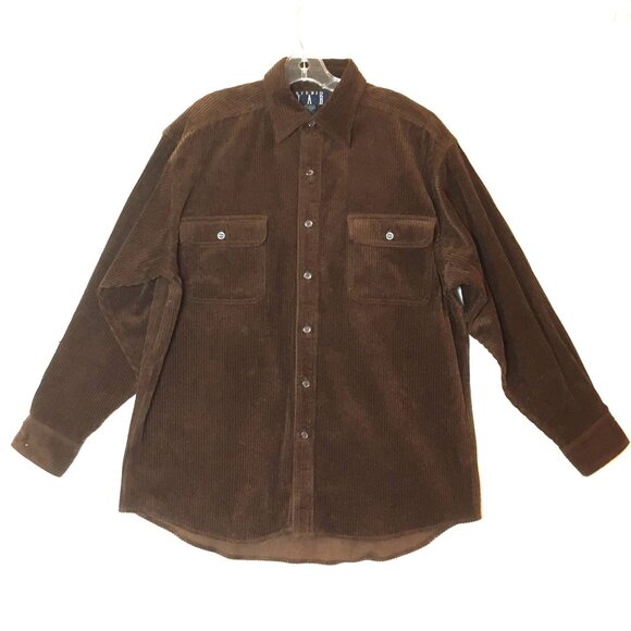Y2K Mens M Brown Button Down Relaxed Shirt Jacket Shacket Heavy Cotton Corduroy - Picture 1 of 7